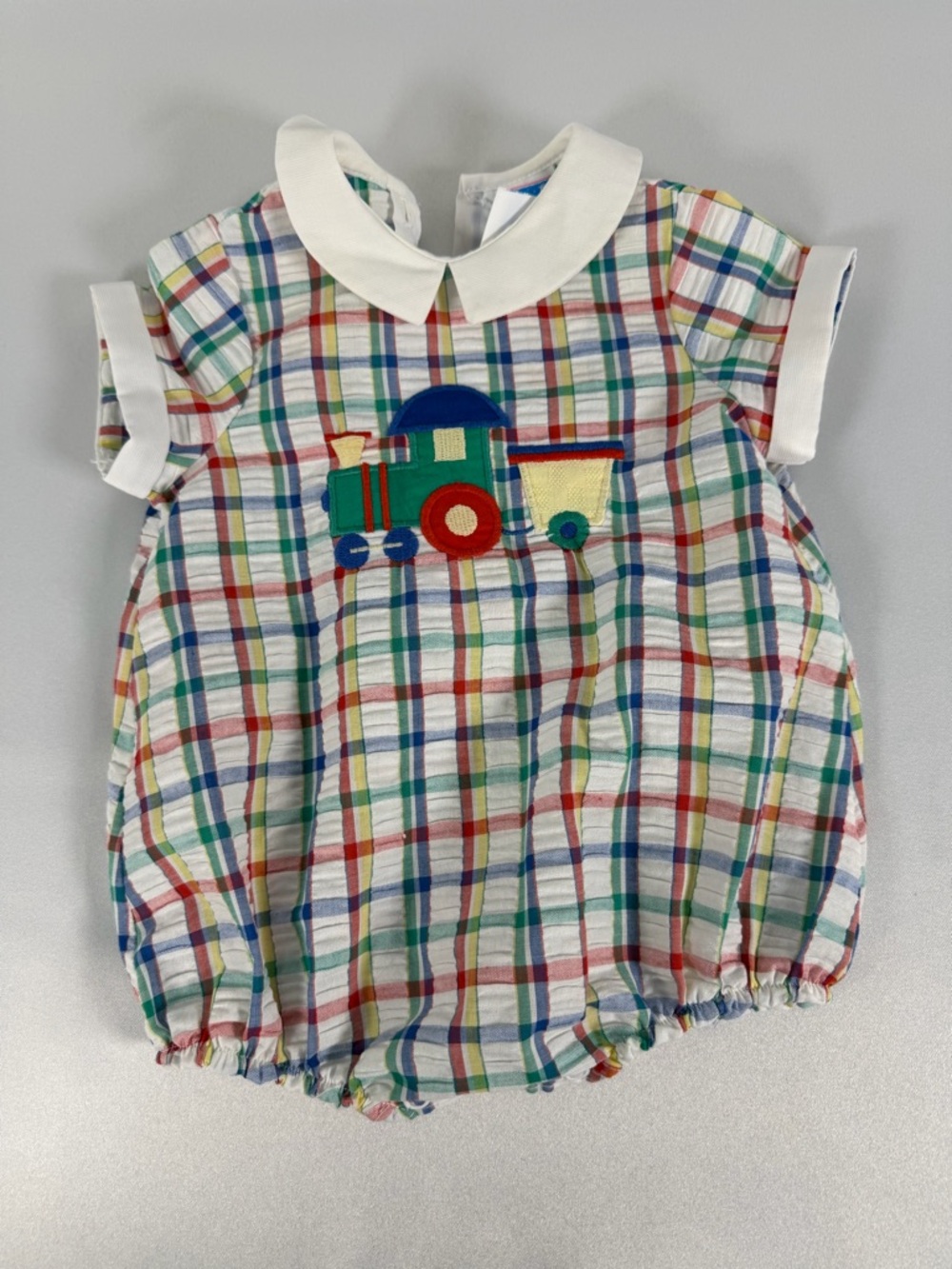Vintage Toddle Tyke Plaid Romper One-Piece 6 Months Embroidered Train